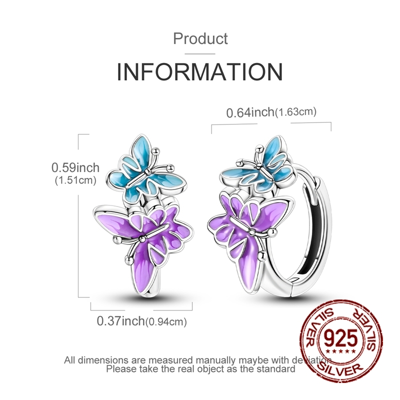 Women's 925 Sterling Silver Blue-Purple Butterfly Hoop Earrings